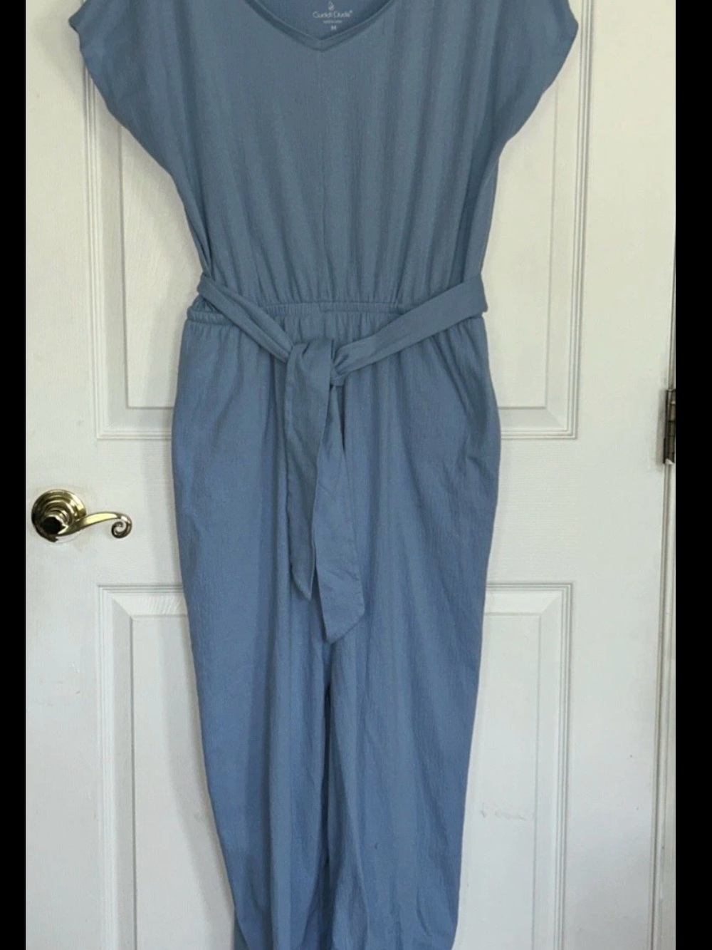 Women’s Light Blue Cuddl Duds Wide Leg V Neck Jumpsuit Medium